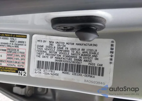 2005 Toyota Corolla Le z USA, uszkodzony, nr VIN 1NXBR32E65Z363567